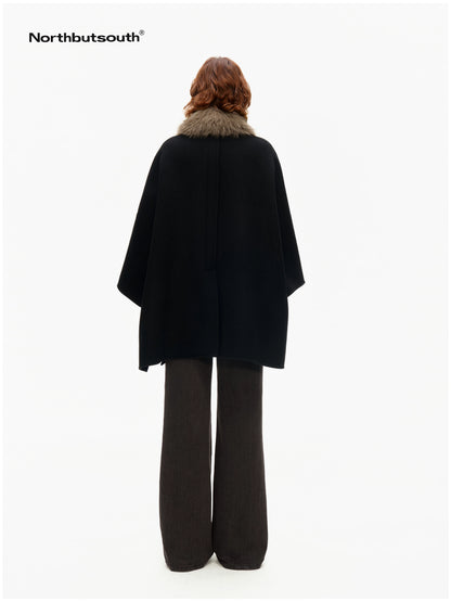 Detachable Fur Collar Cape Batwing Women&
