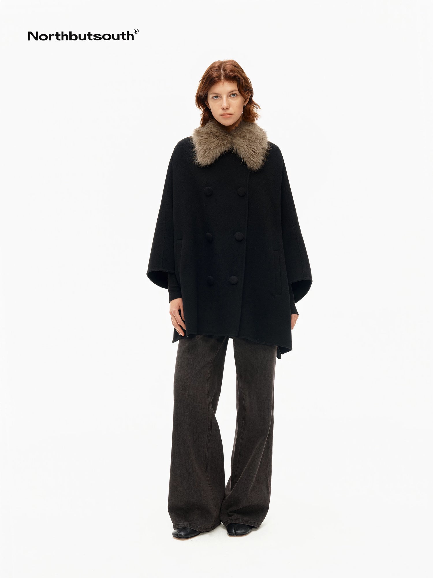 Detachable Fur Collar Cape Batwing Women&