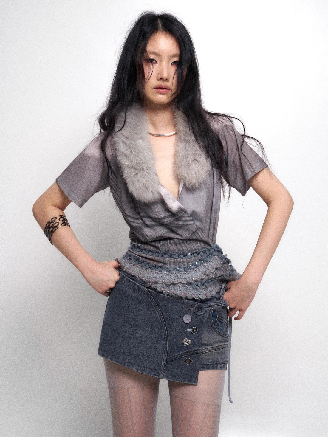 Flowers birds Market Detachable Fur Collar Faux Print Cardigan