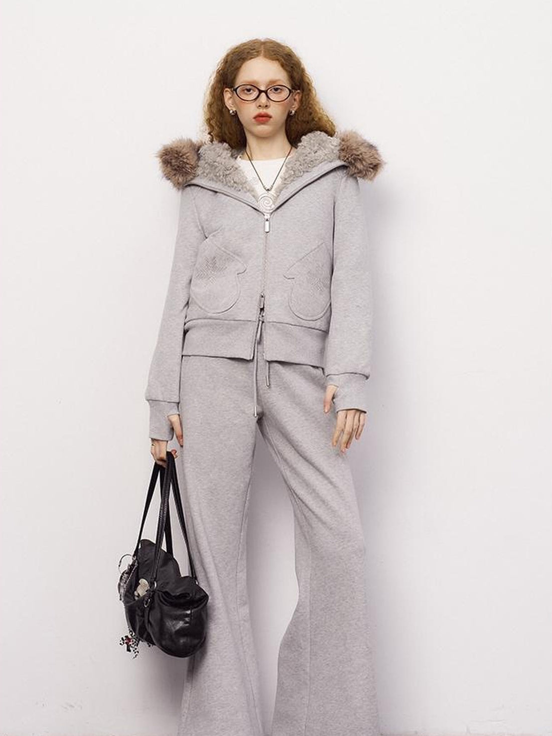 DIDDI MODA Detachable Fur Hood Snowflake Pocket Fleece Hoodie Set