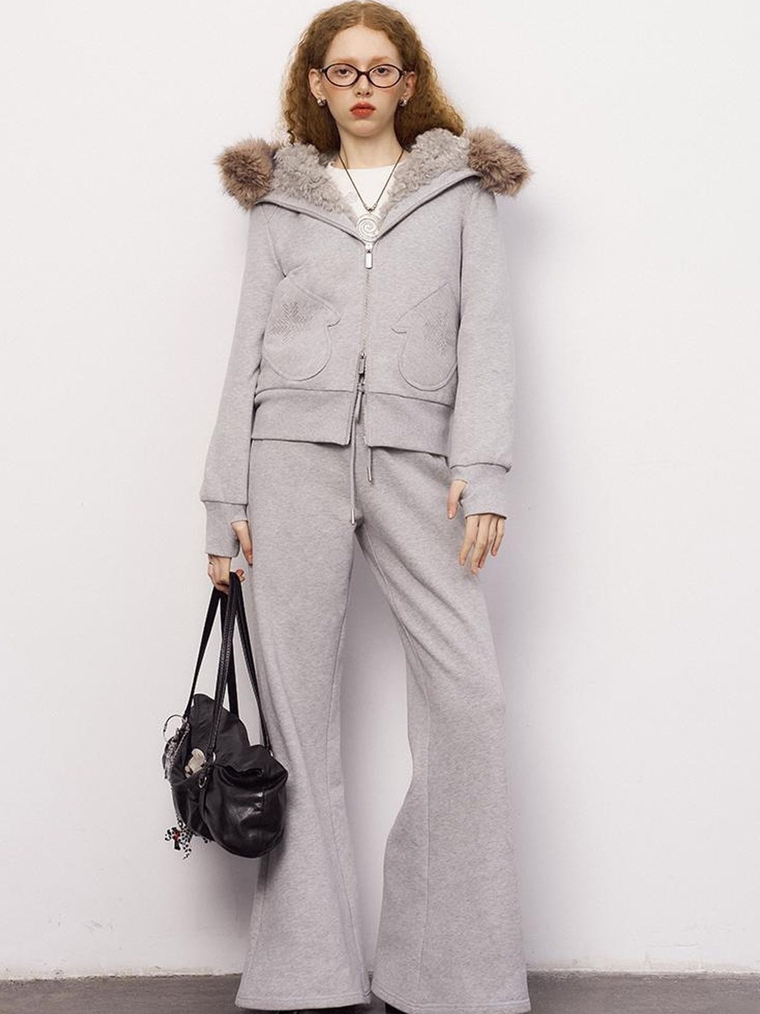 DIDDI MODA Detachable Fur Hood Snowflake Pocket Fleece Hoodie Set