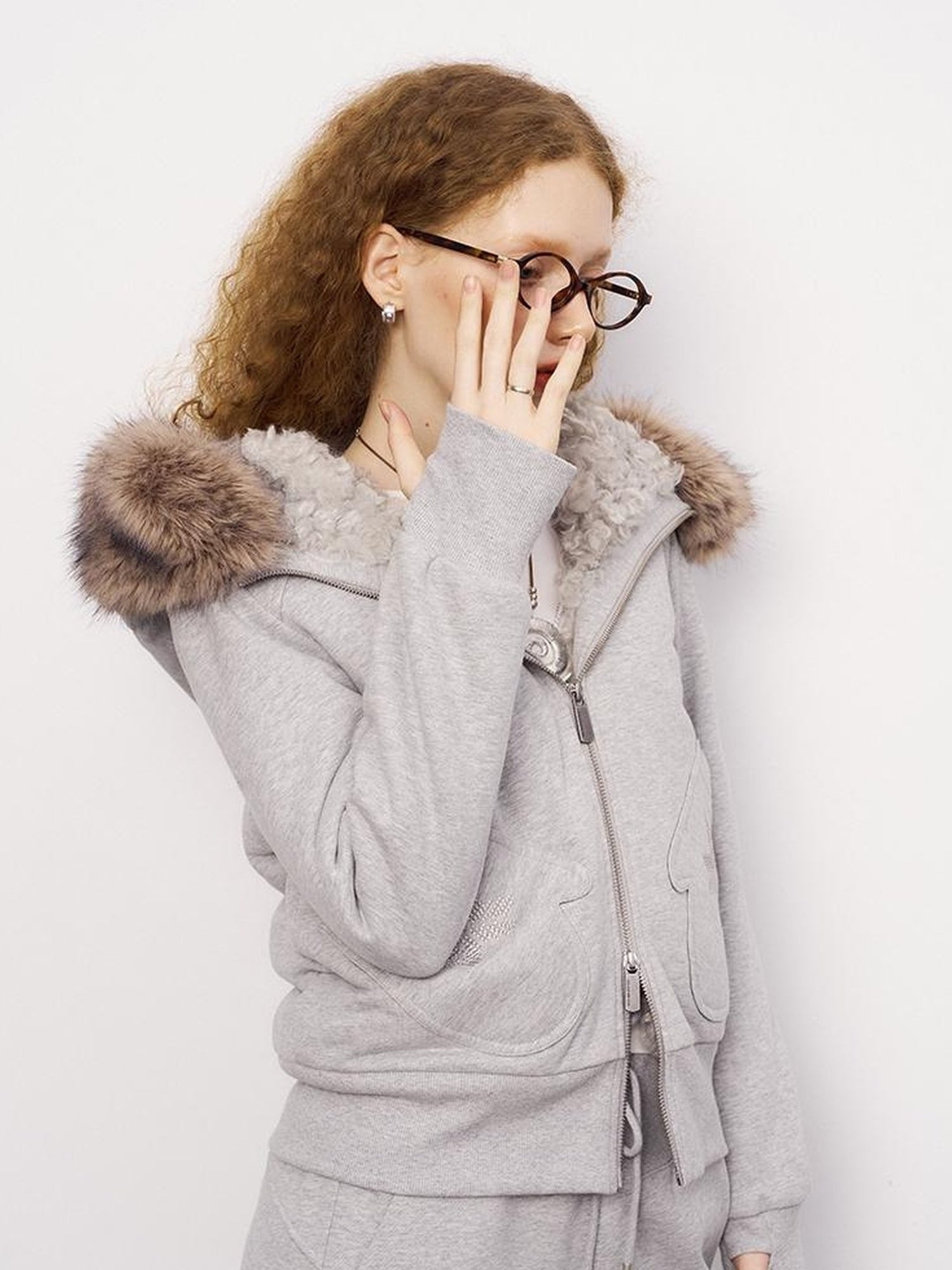 DIDDI MODA Detachable Fur Hood Snowflake Pocket Fleece Hoodie Set