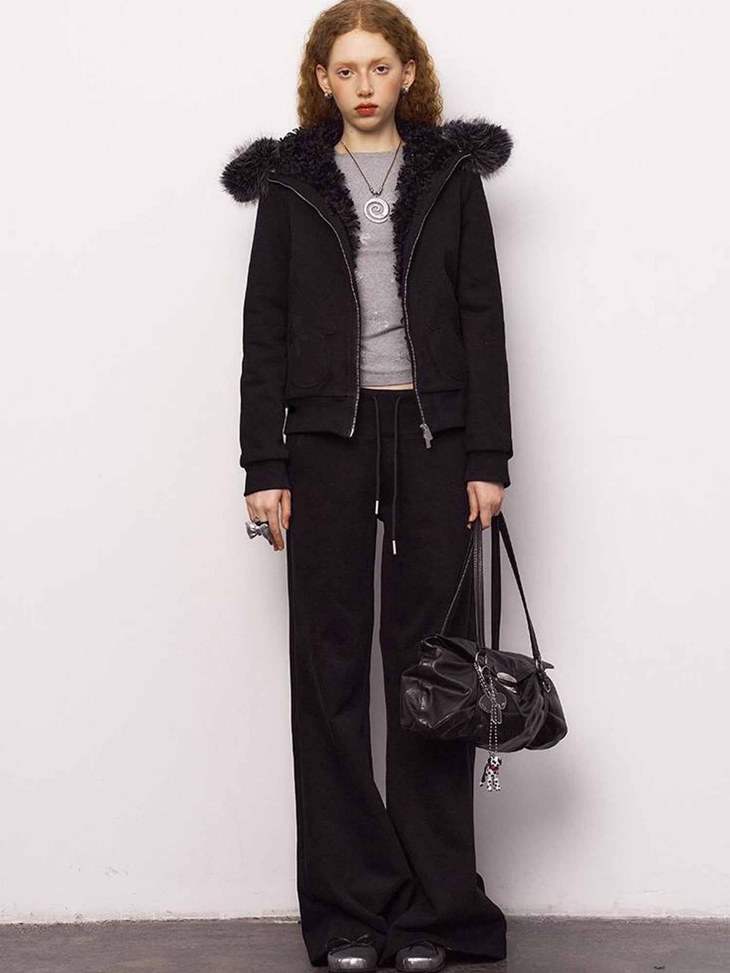 DIDDI MODA Detachable Fur Hood Snowflake Pocket Fleece Hoodie Set