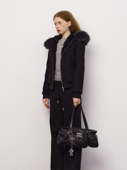 DIDDI MODA Detachable Fur Hood Snowflake Pocket Fleece Hoodie Set