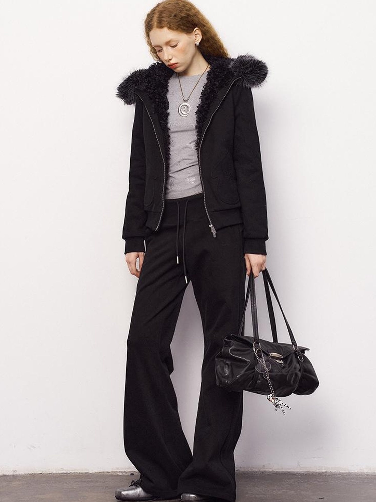 DIDDI MODA Detachable Fur Hood Snowflake Pocket Fleece Hoodie Set