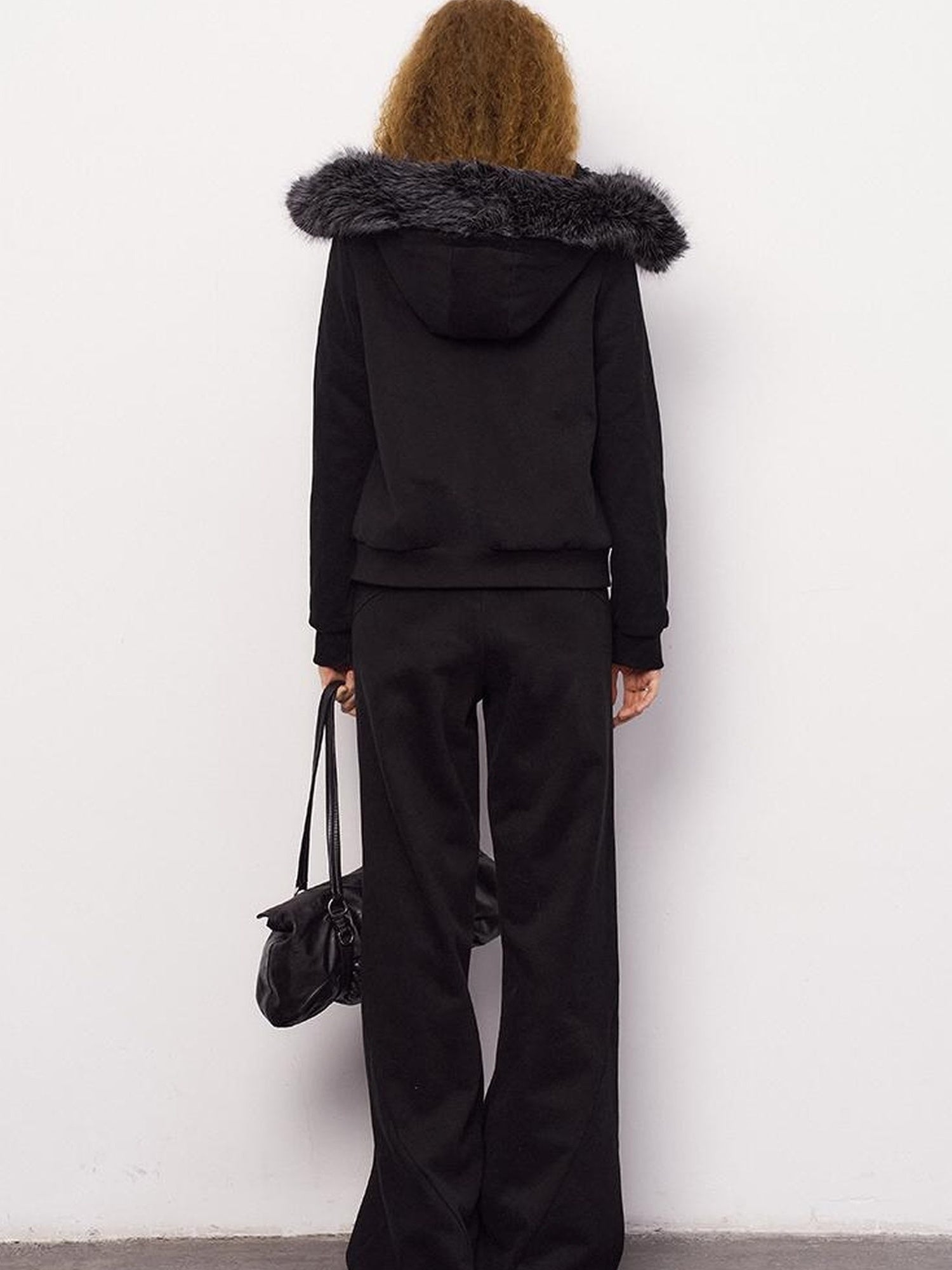 DIDDI MODA Detachable Fur Hood Snowflake Pocket Fleece Hoodie Set