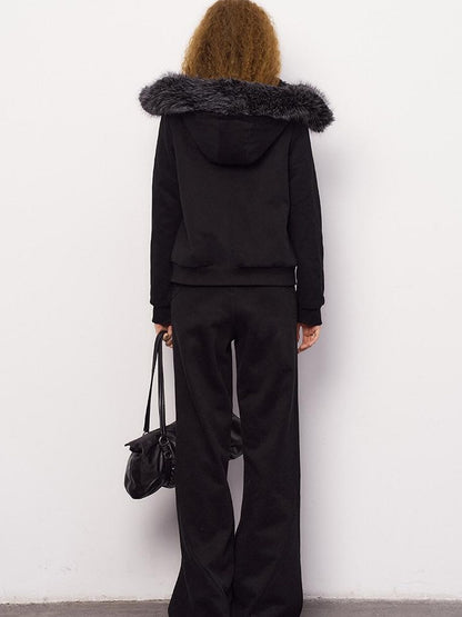 DIDDI MODA Detachable Fur Hood Snowflake Pocket Fleece Hoodie Set