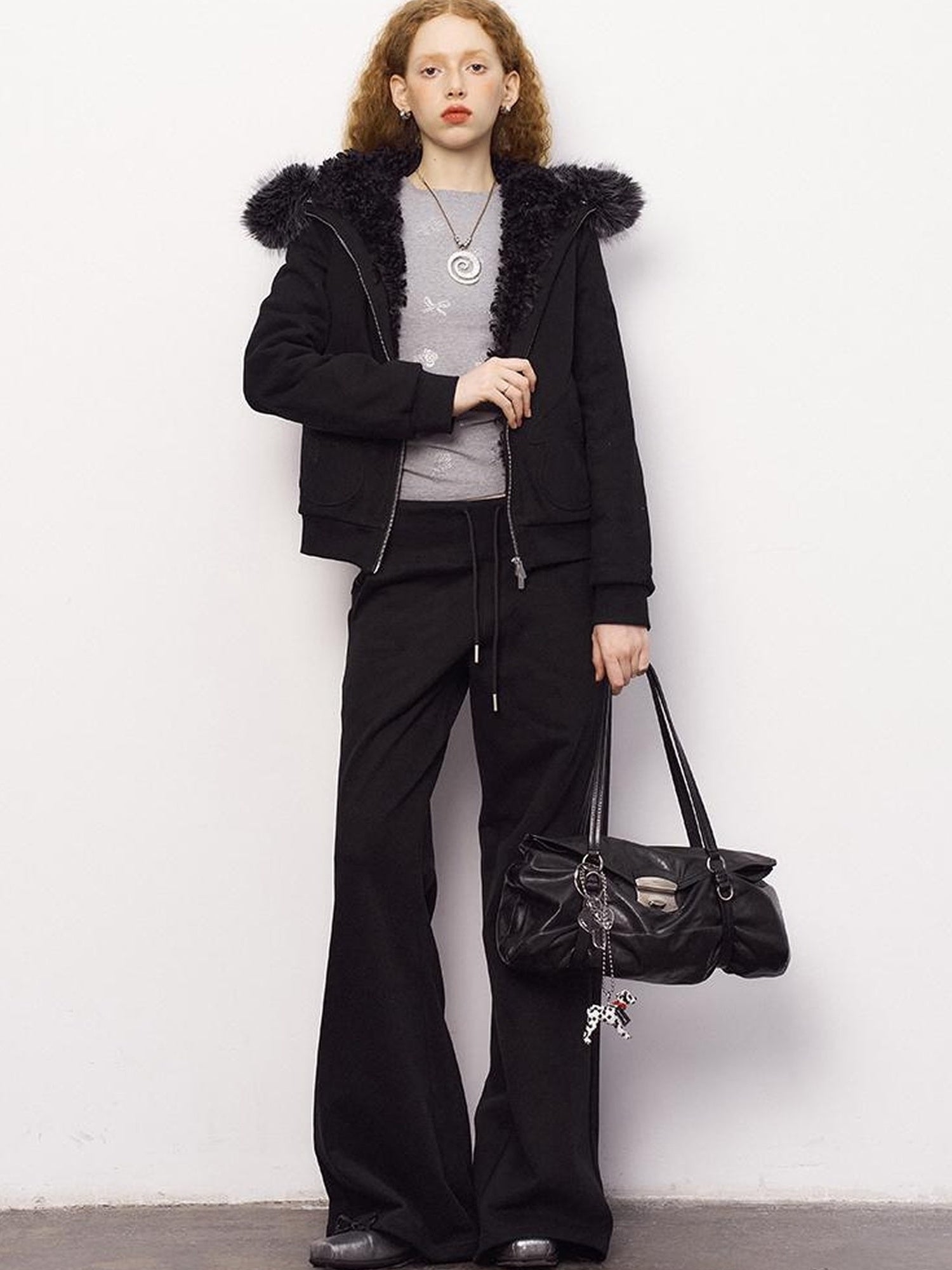 DIDDI MODA Detachable Fur Hood Snowflake Pocket Fleece Hoodie Set