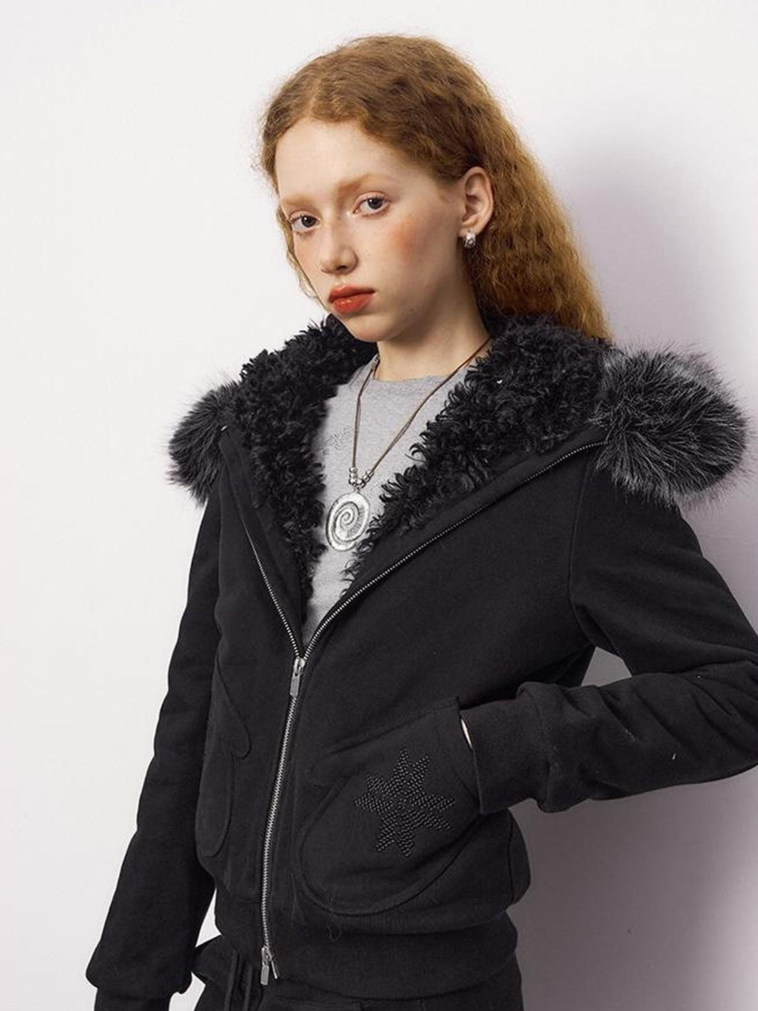 DIDDI MODA Detachable Fur Hood Snowflake Pocket Fleece Hoodie Set