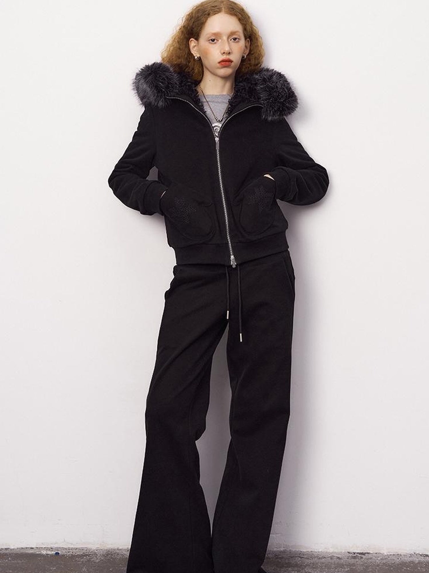 DIDDI MODA Detachable Fur Hood Snowflake Pocket Fleece Hoodie Set