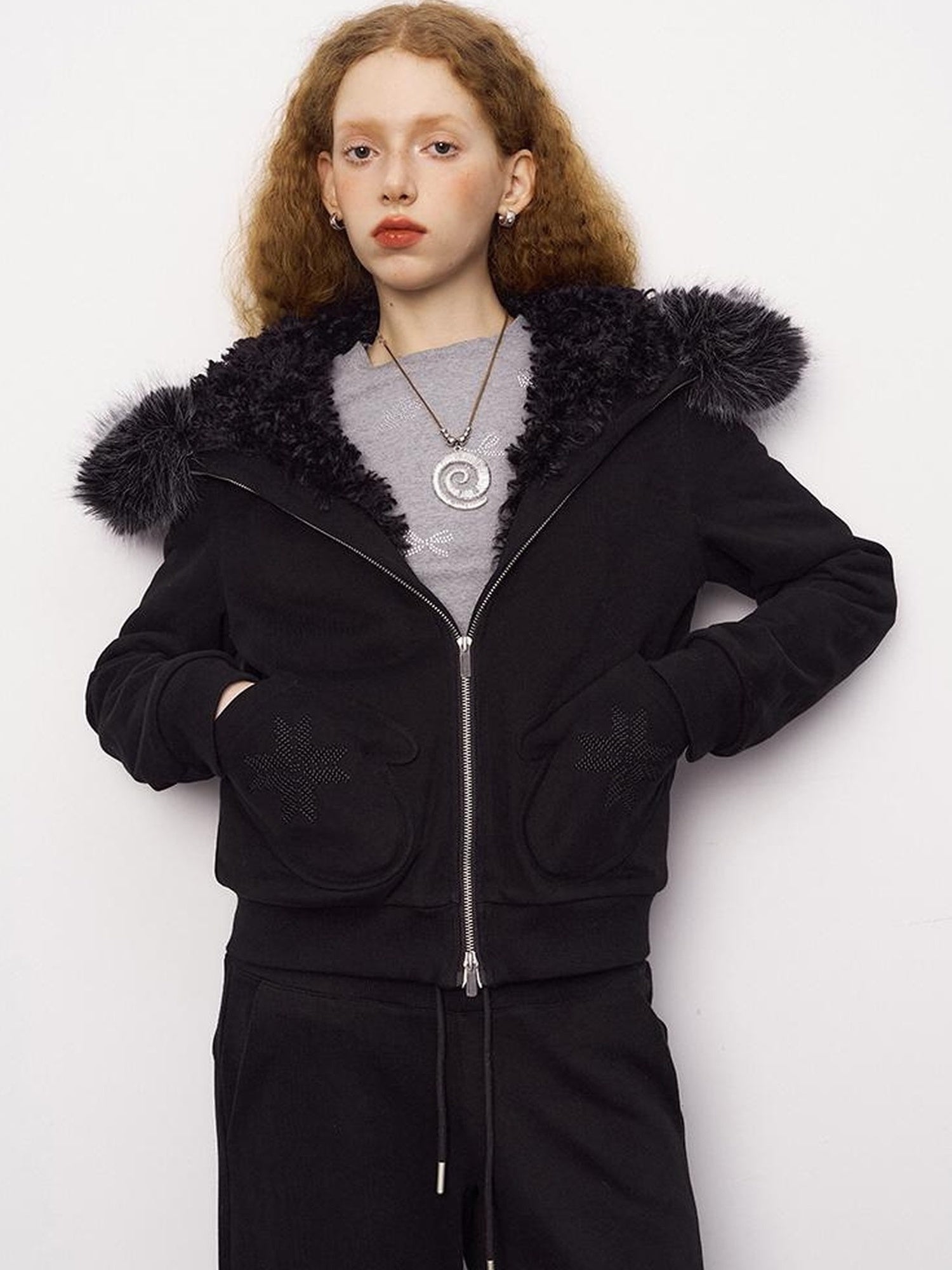 DIDDI MODA Detachable Fur Hood Snowflake Pocket Fleece Hoodie Set
