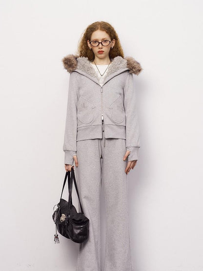 DIDDI MODA Detachable Fur Hood Snowflake Pocket Fleece Hoodie Set