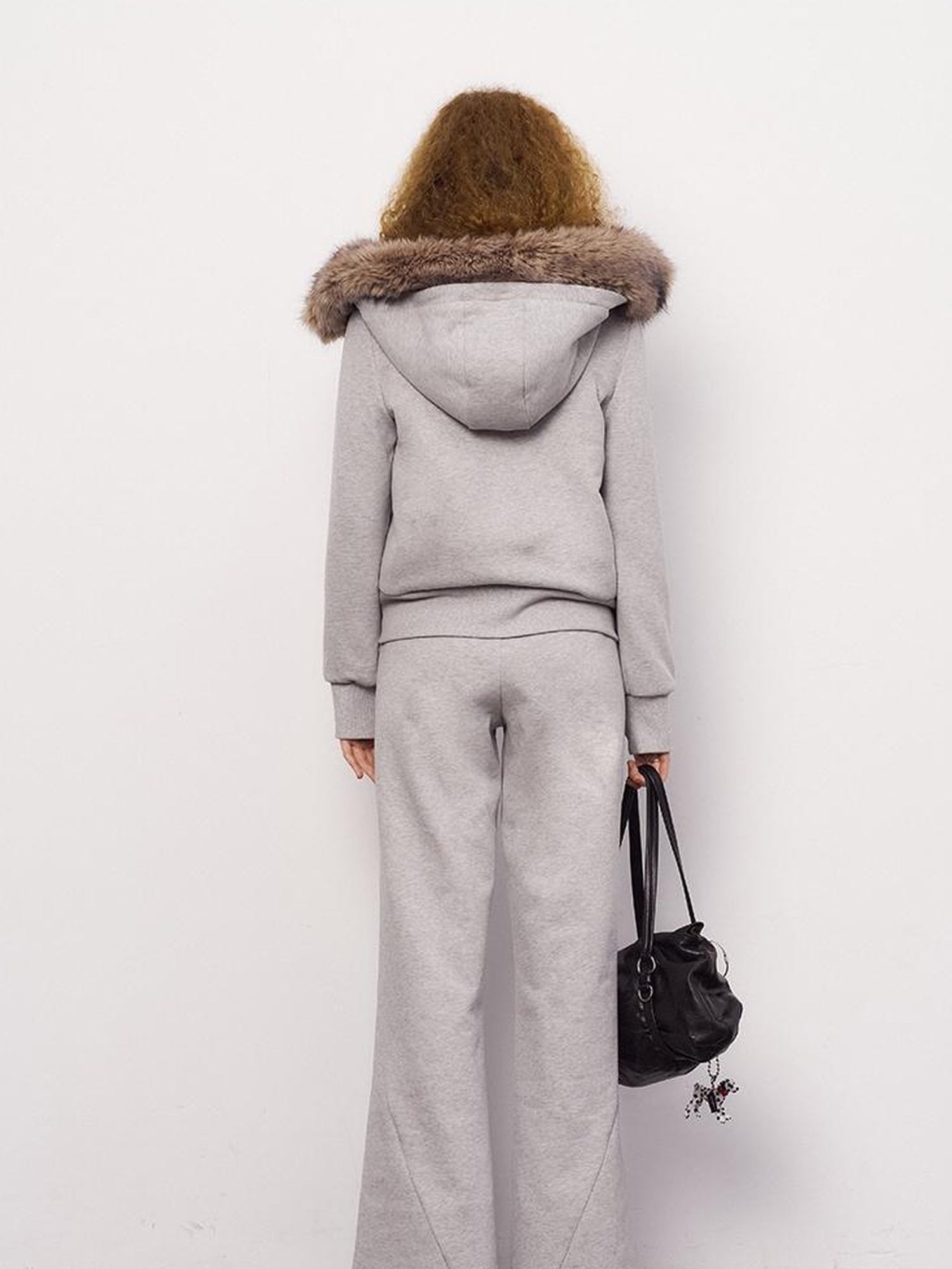DIDDI MODA Detachable Fur Hood Snowflake Pocket Fleece Hoodie Set