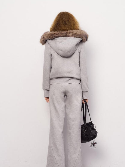 DIDDI MODA Detachable Fur Hood Snowflake Pocket Fleece Hoodie Set