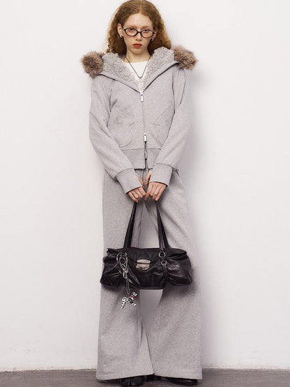 DIDDI MODA Detachable Fur Hood Snowflake Pocket Fleece Hoodie Set