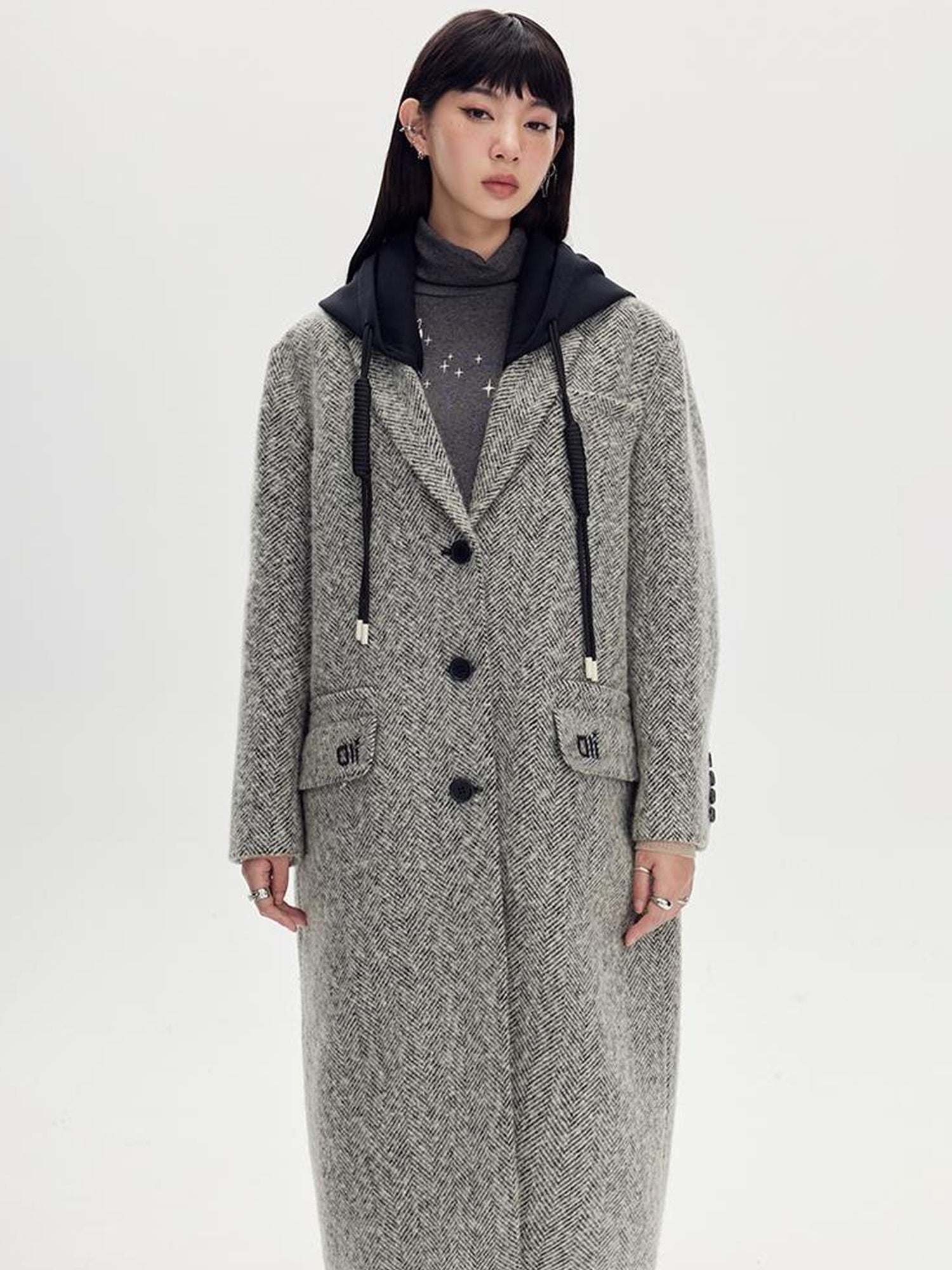 DIDDI MODA Detachable Hood Wool Blend Trench Coat