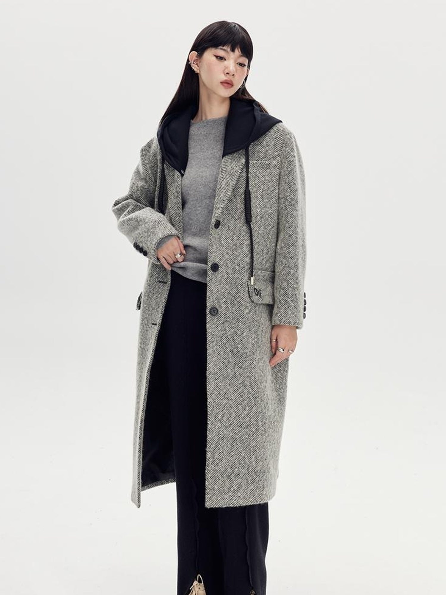 DIDDI MODA Detachable Hood Wool Blend Trench Coat