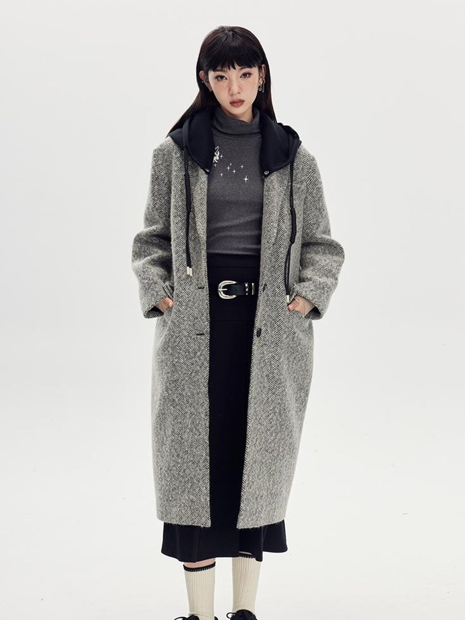 DIDDI MODA Detachable Hood Wool Blend Trench Coat