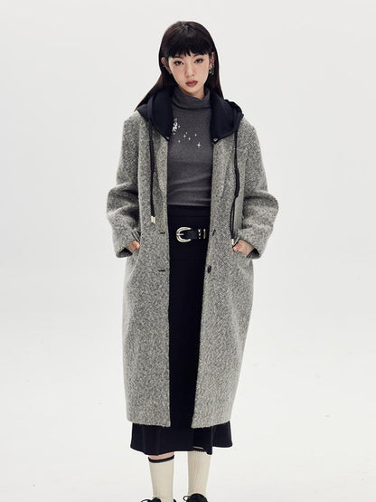 DIDDI MODA Detachable Hood Wool Blend Trench Coat