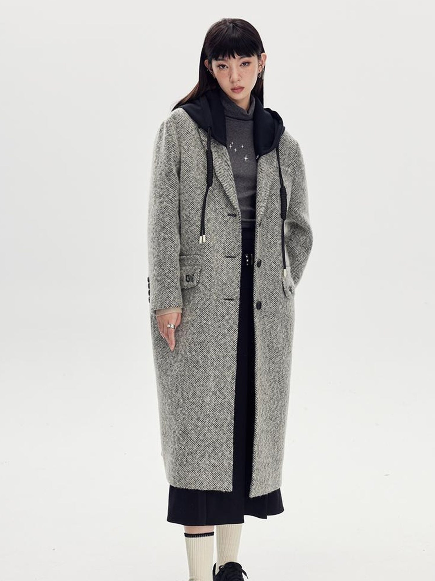 DIDDI MODA Detachable Hood Wool Blend Trench Coat