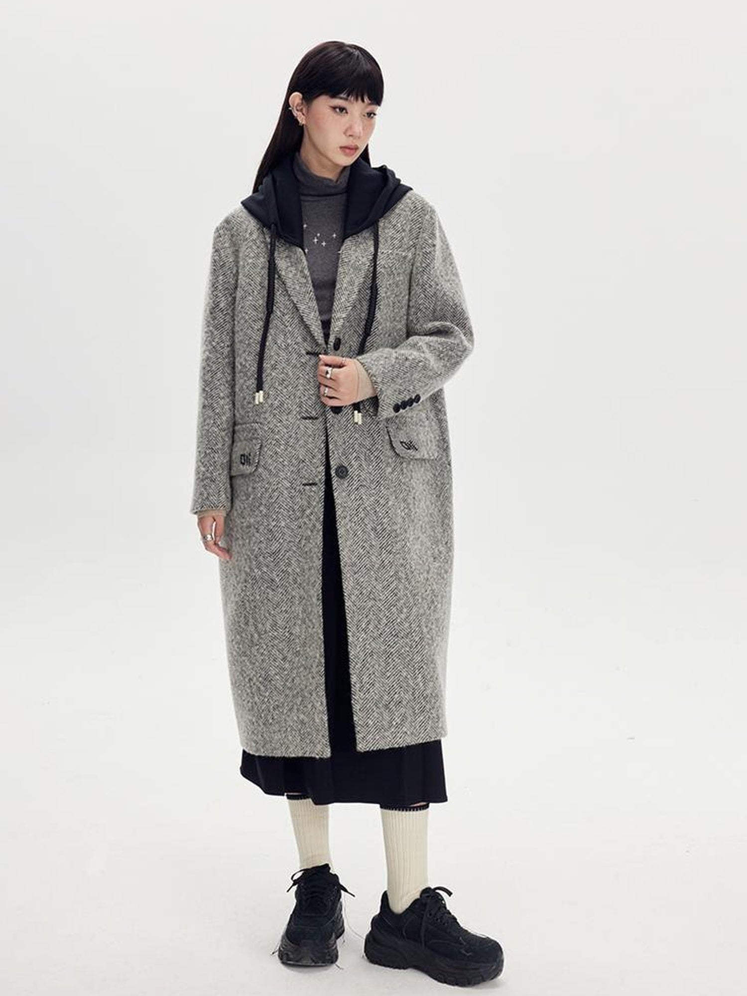 DIDDI MODA Detachable Hood Wool Blend Trench Coat