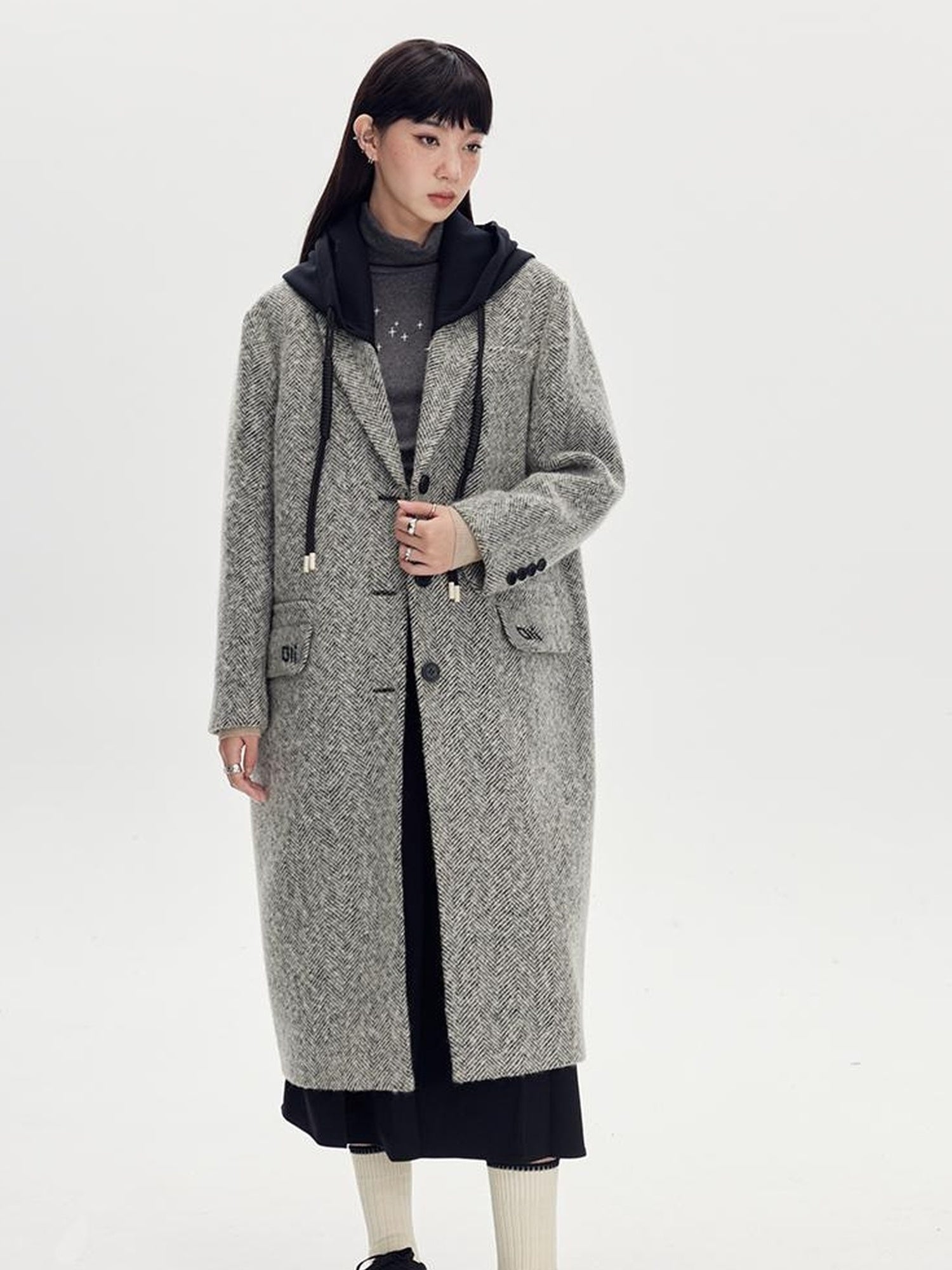DIDDI MODA Detachable Hood Wool Blend Trench Coat
