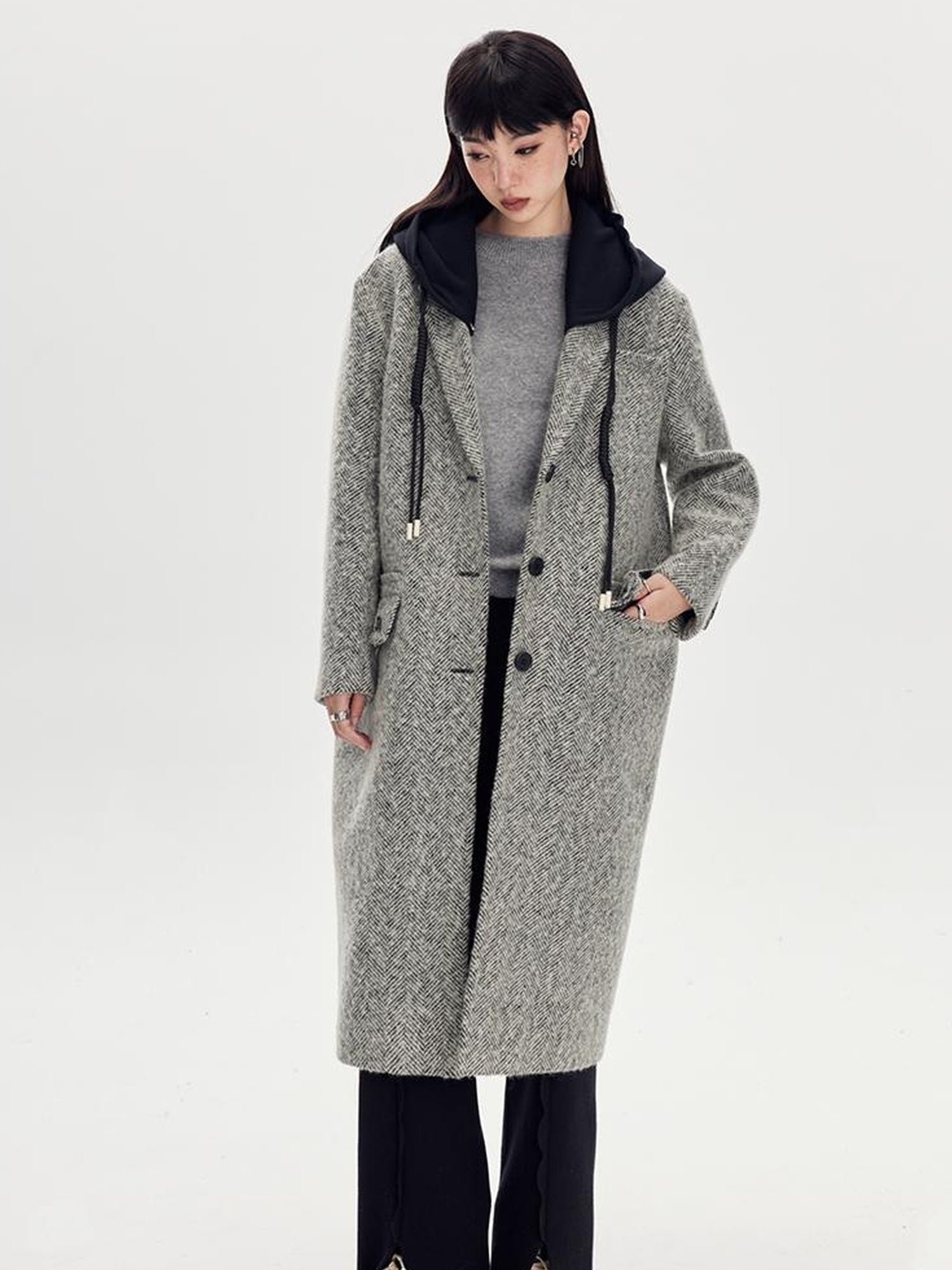 DIDDI MODA Detachable Hood Wool Blend Trench Coat