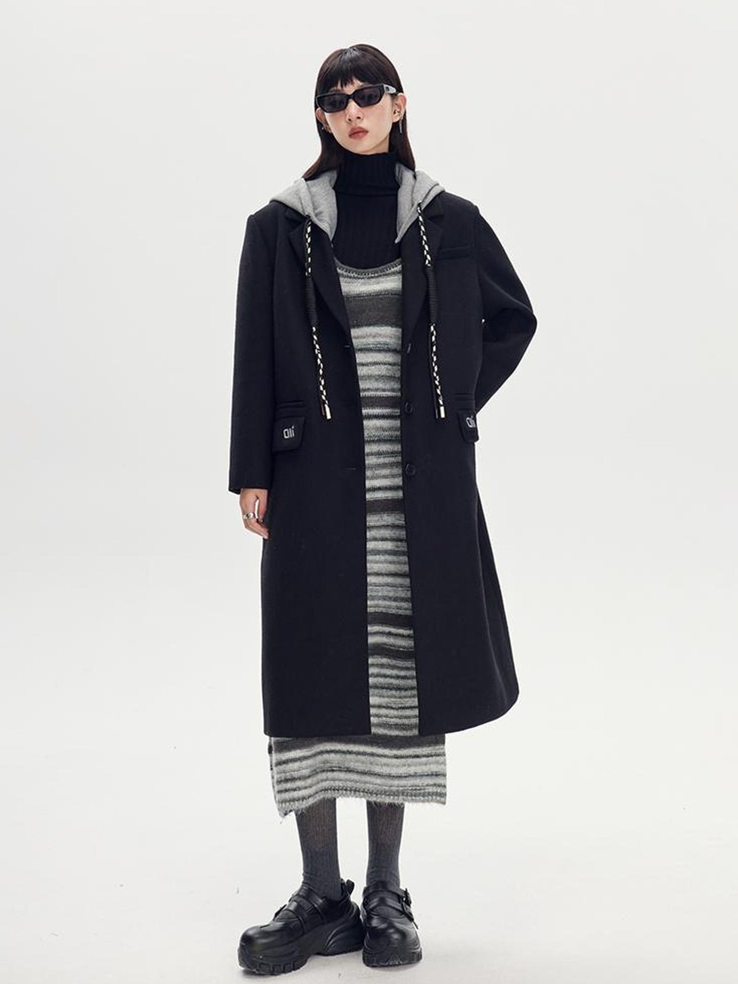 DIDDI MODA Detachable Hood Wool Blend Trench Coat Casual Chic Oversized Blazer