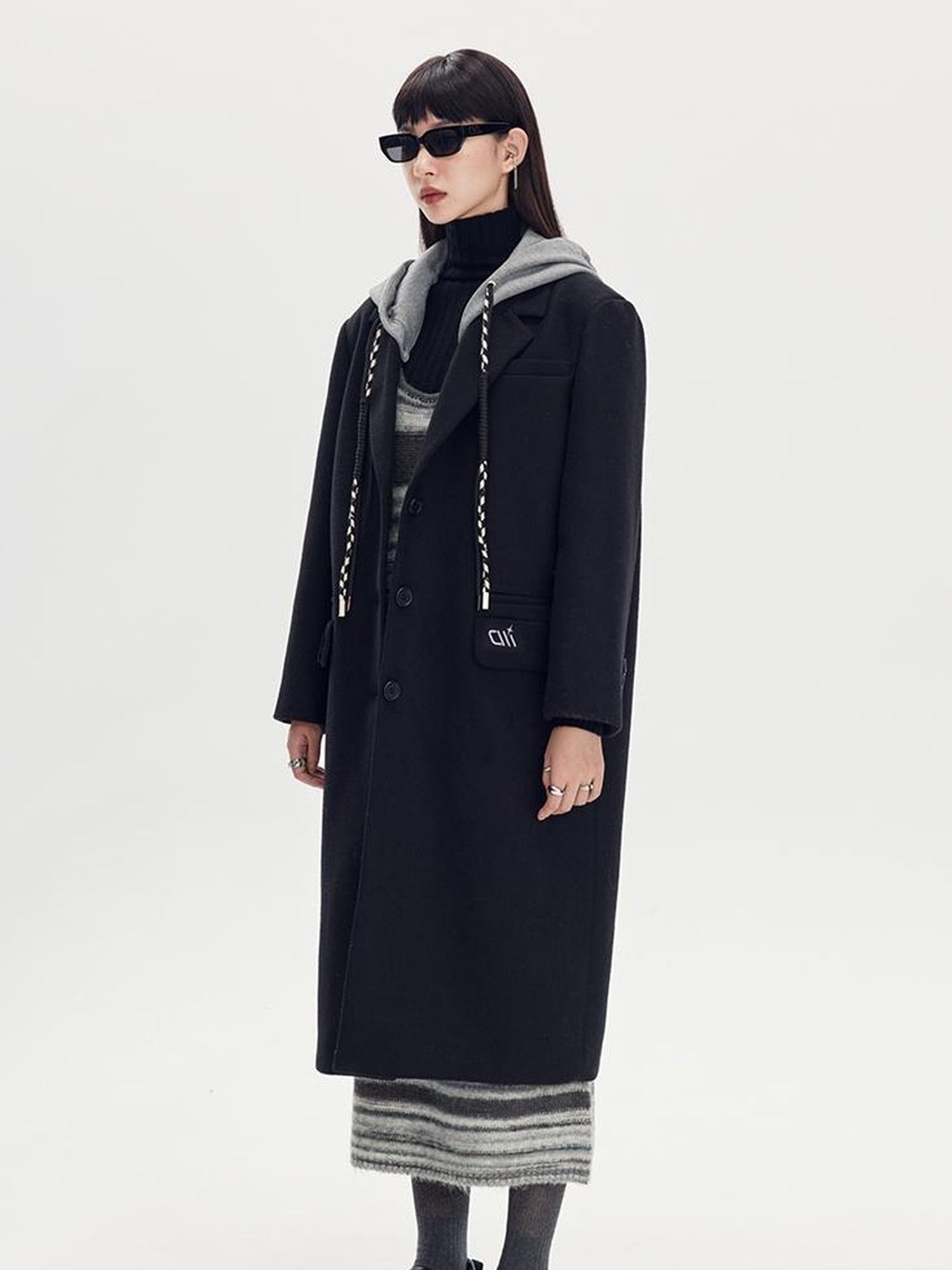 DIDDI MODA Detachable Hood Wool Blend Trench Coat Casual Chic Oversized Blazer