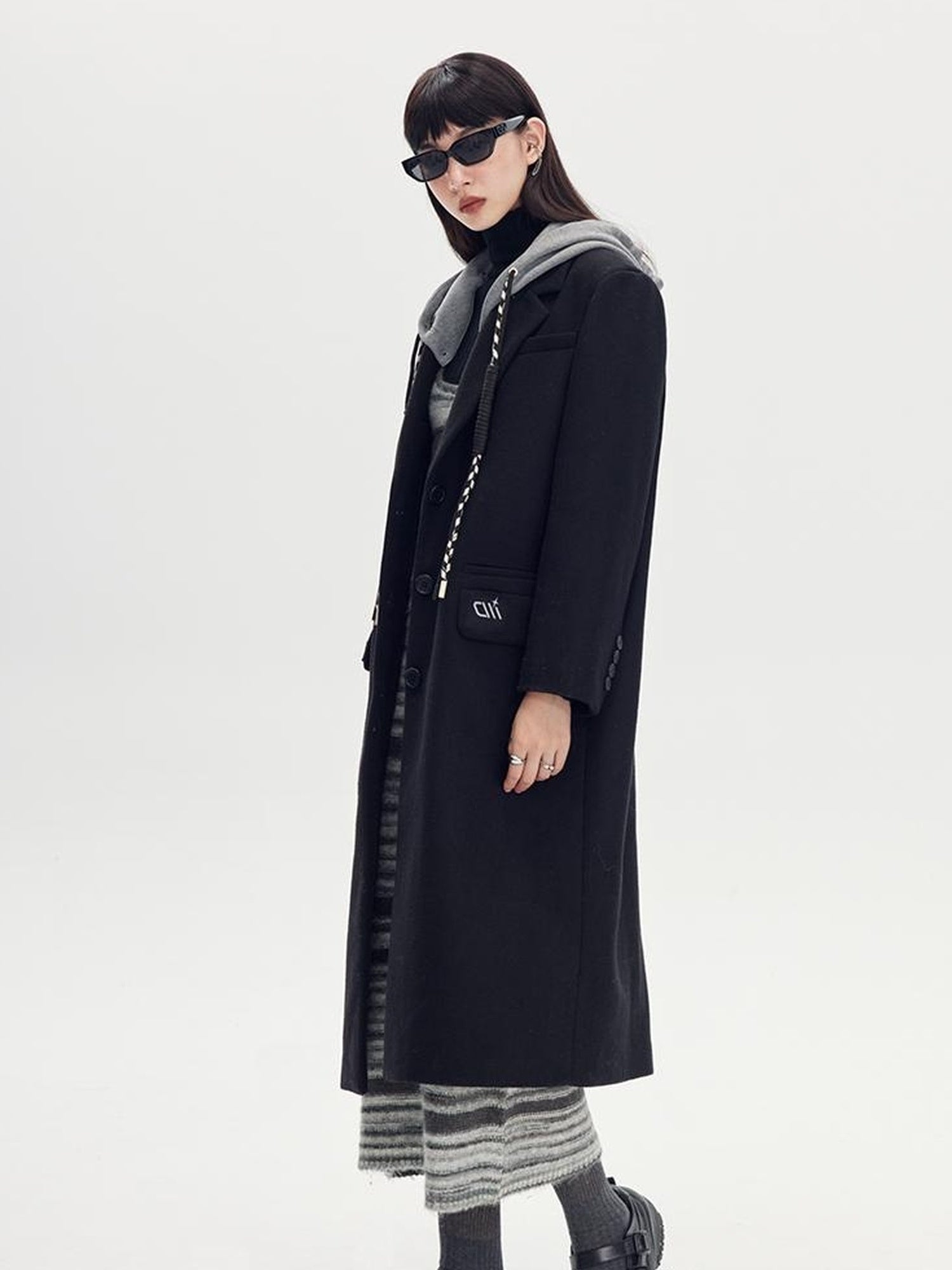 DIDDI MODA Detachable Hood Wool Blend Trench Coat Casual Chic Oversized Blazer