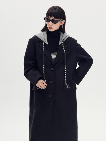 DIDDI MODA Detachable Hood Wool Blend Trench Coat Casual Chic Oversized Blazer