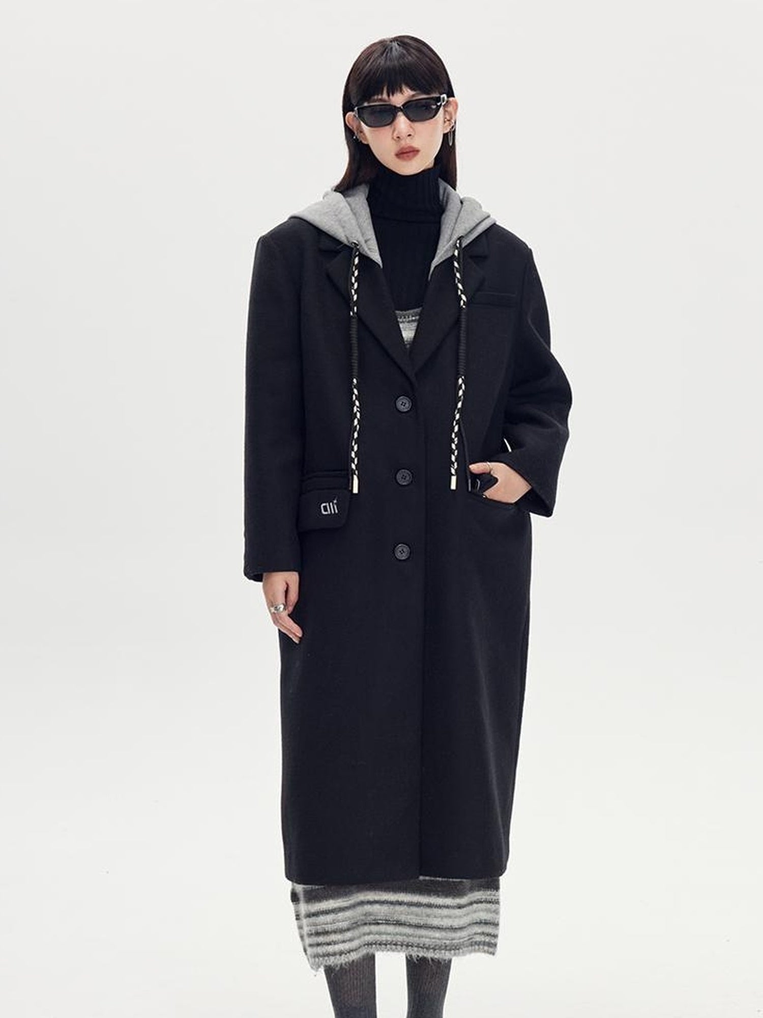 DIDDI MODA Detachable Hood Wool Blend Trench Coat Casual Chic Oversized Blazer