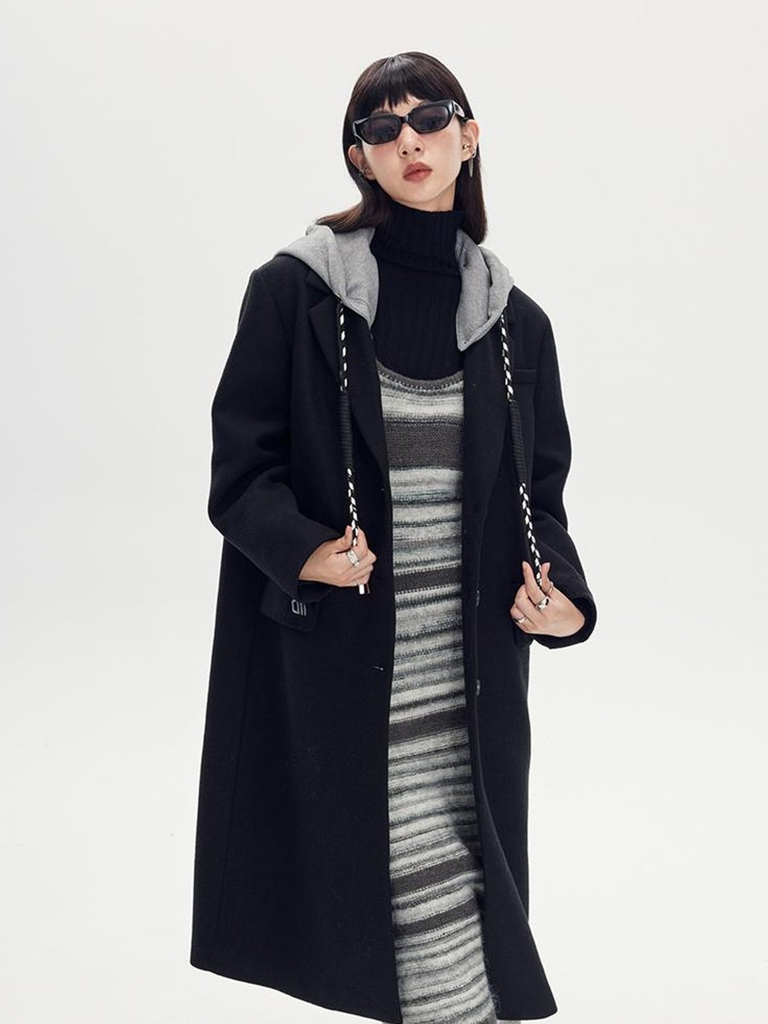 DIDDI MODA Detachable Hood Wool Blend Trench Coat Casual Chic Oversized Blazer