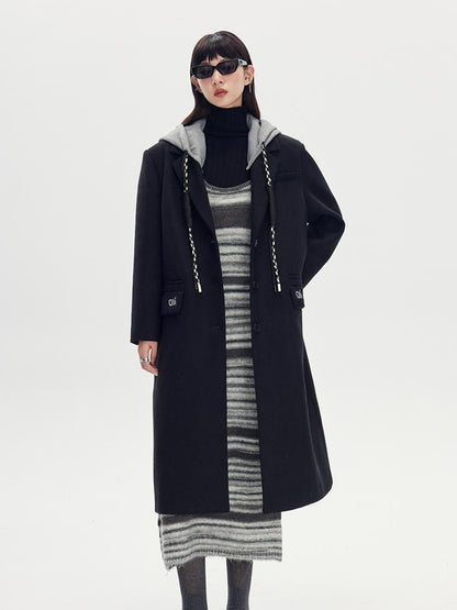 DIDDI MODA Detachable Hood Wool Blend Trench Coat Casual Chic Oversized Blazer