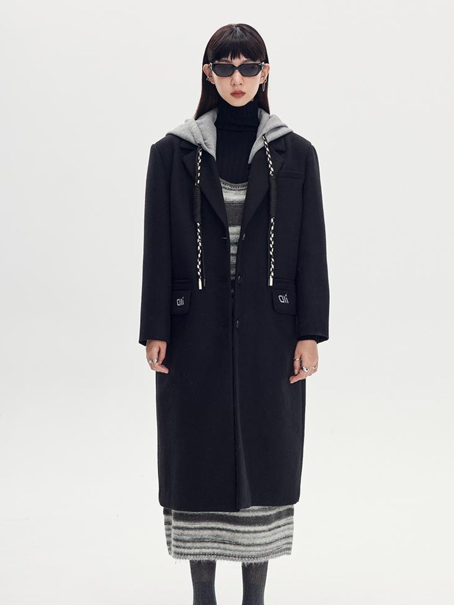 DIDDI MODA Detachable Hood Wool Blend Trench Coat Casual Chic Oversized Blazer