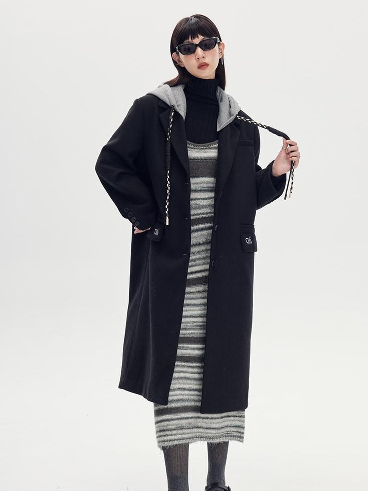 DIDDI MODA Detachable Hood Wool Blend Trench Coat Casual Chic Oversized Blazer