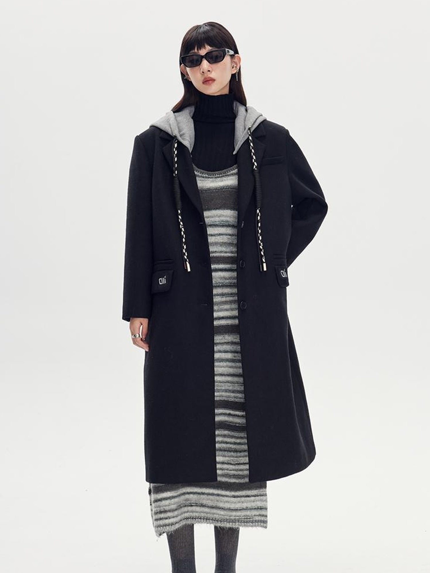 DIDDI MODA Detachable Hood Wool Blend Trench Coat Casual Chic Oversized Blazer