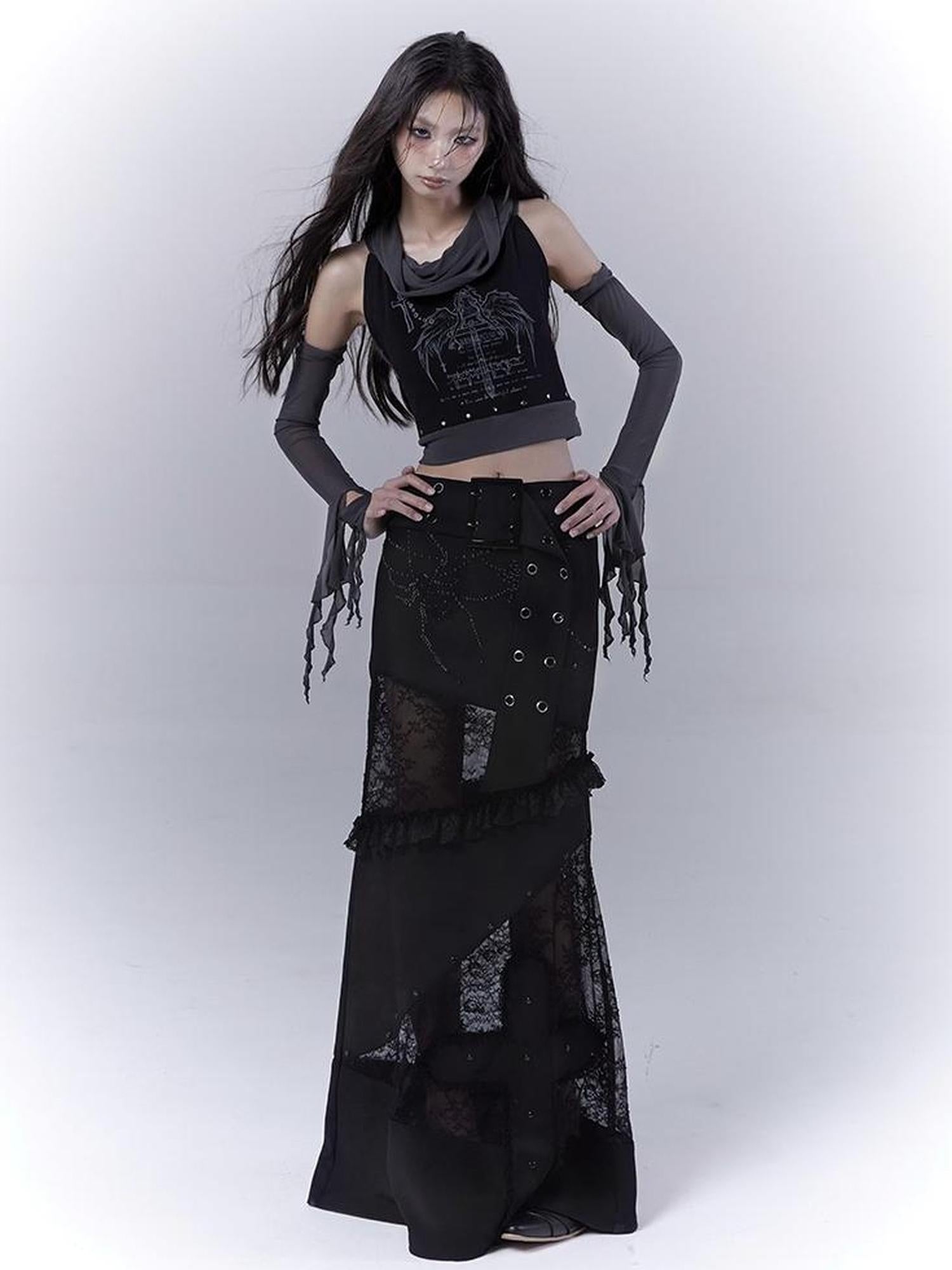 WSW WUSHENWU Detachable Mesh Sleeve Scoop Neck Slim Fit Dark Color Block Vest Tee
