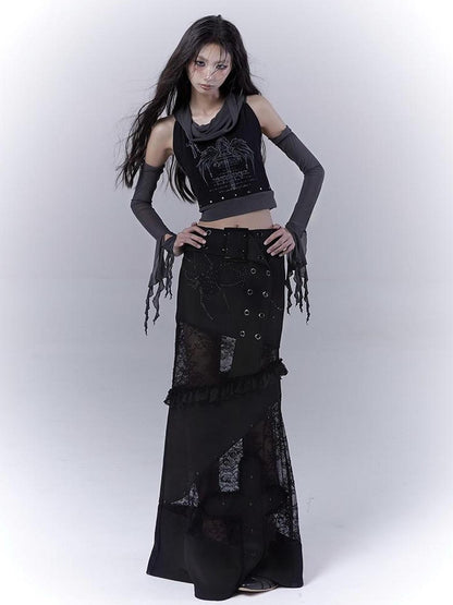 WSW WUSHENWU Detachable Mesh Sleeve Scoop Neck Slim Fit Dark Color Block Vest Tee