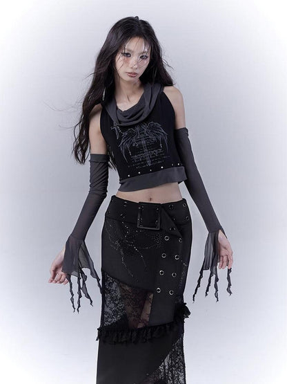 WSW WUSHENWU Detachable Mesh Sleeve Scoop Neck Slim Fit Dark Color Block Vest Tee