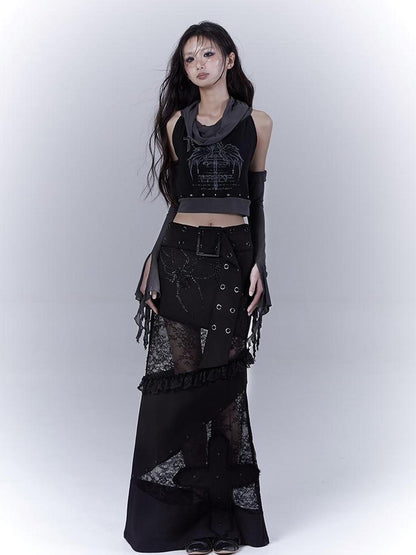 WSW WUSHENWU Detachable Mesh Sleeve Scoop Neck Slim Fit Dark Color Block Vest Tee