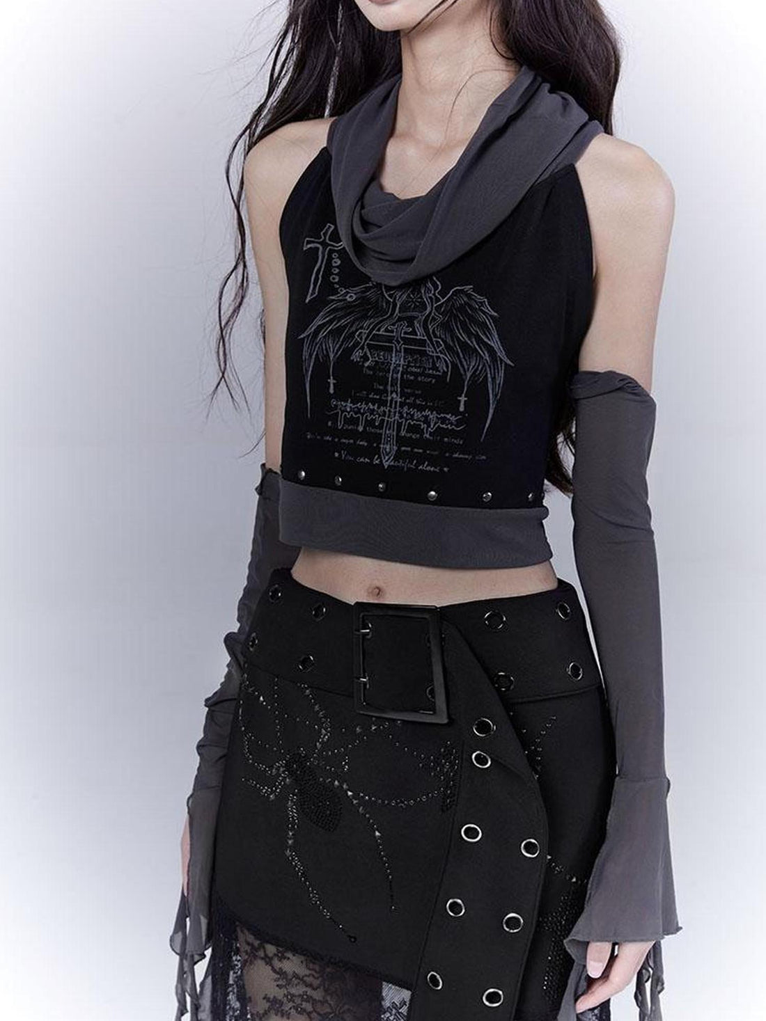 WSW WUSHENWU Detachable Mesh Sleeve Scoop Neck Slim Fit Dark Color Block Vest Tee