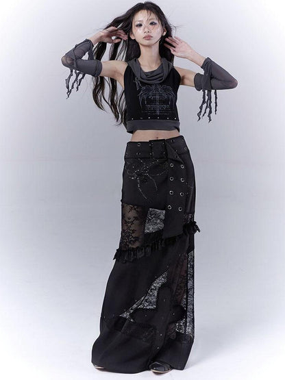 WSW WUSHENWU Detachable Mesh Sleeve Scoop Neck Slim Fit Dark Color Block Vest Tee