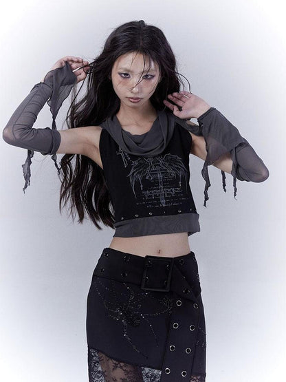 WSW WUSHENWU Detachable Mesh Sleeve Scoop Neck Slim Fit Dark Color Block Vest Tee
