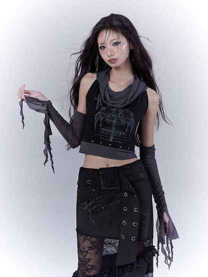 WSW WUSHENWU Detachable Mesh Sleeve Scoop Neck Slim Fit Dark Color Block Vest Tee