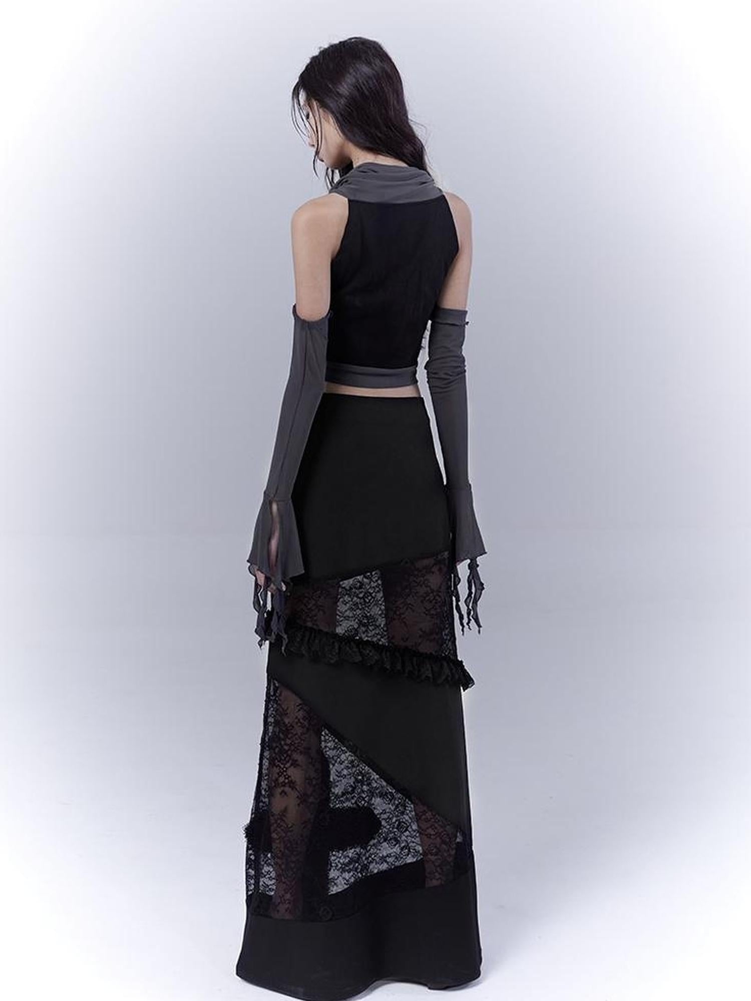 WSW WUSHENWU Detachable Mesh Sleeve Scoop Neck Slim Fit Dark Color Block Vest Tee