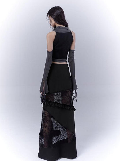 WSW WUSHENWU Detachable Mesh Sleeve Scoop Neck Slim Fit Dark Color Block Vest Tee