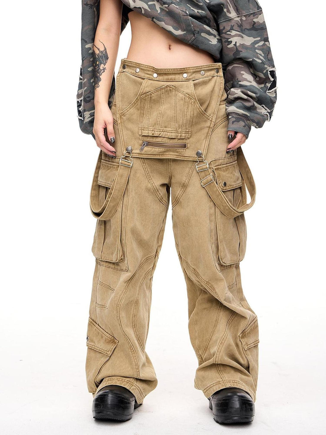 Peoplesense Detachable Multi Pocket Vintage Jumpsuit In Beige