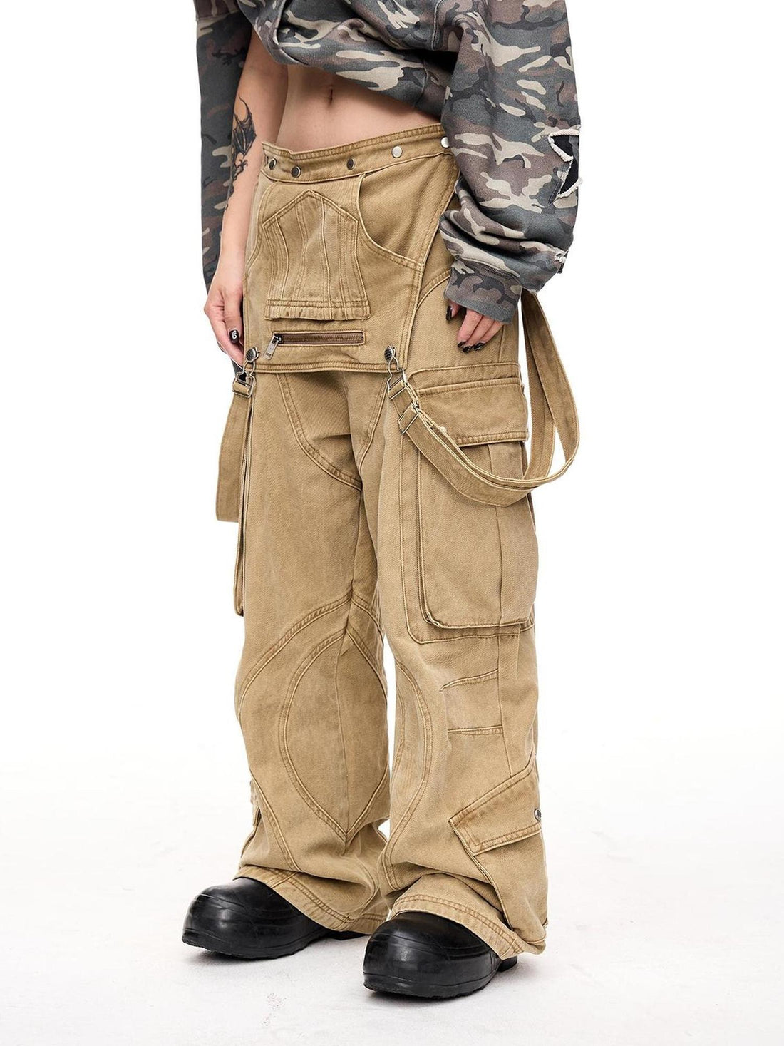 Peoplesense Detachable Multi Pocket Vintage Jumpsuit In Beige