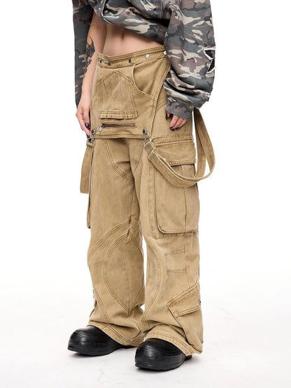 Detachable Multi Pocket Vintage Jumpsuit In Beige